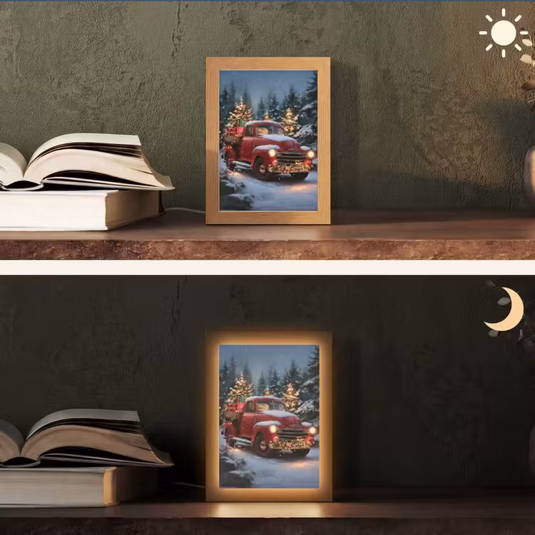 Kersttruck - Sneeuwbos - Rood Light Box met kabel (Tafellamp) klein -sfeer3