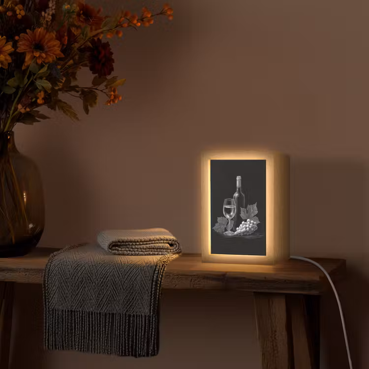 Wijnfles - Glas - Druiven - Bladeren Light Box met kabel (Tafellamp) klein -sfeer4