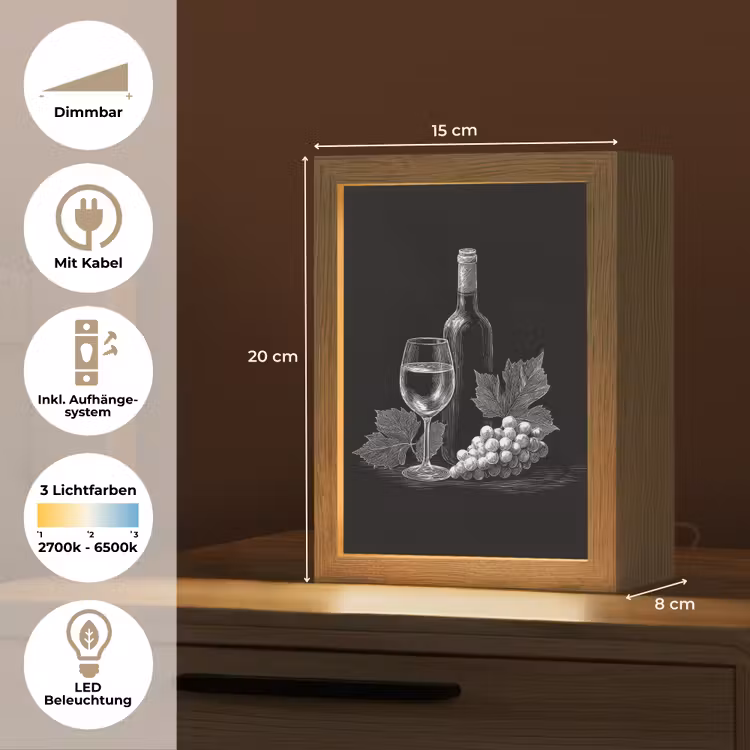 Wijnfles - Glas - Druiven - Bladeren Light Box met kabel (Tafellamp) klein -USP_DE