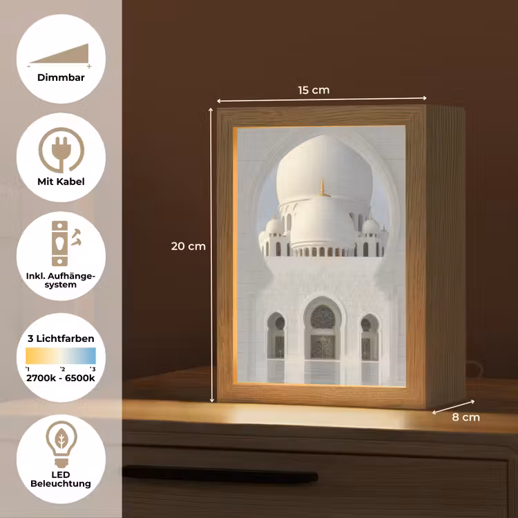 Witte koepel - Gouden Details - Moskee Light Box met kabel (Tafellamp) klein -USP_DE