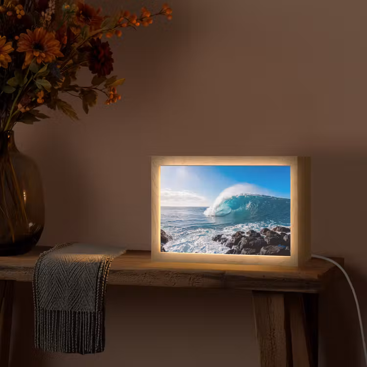 Golf - Oceaan - Brekend - Water - Blauw Light Box met kabel (Tafellamp) klein -sfeer4