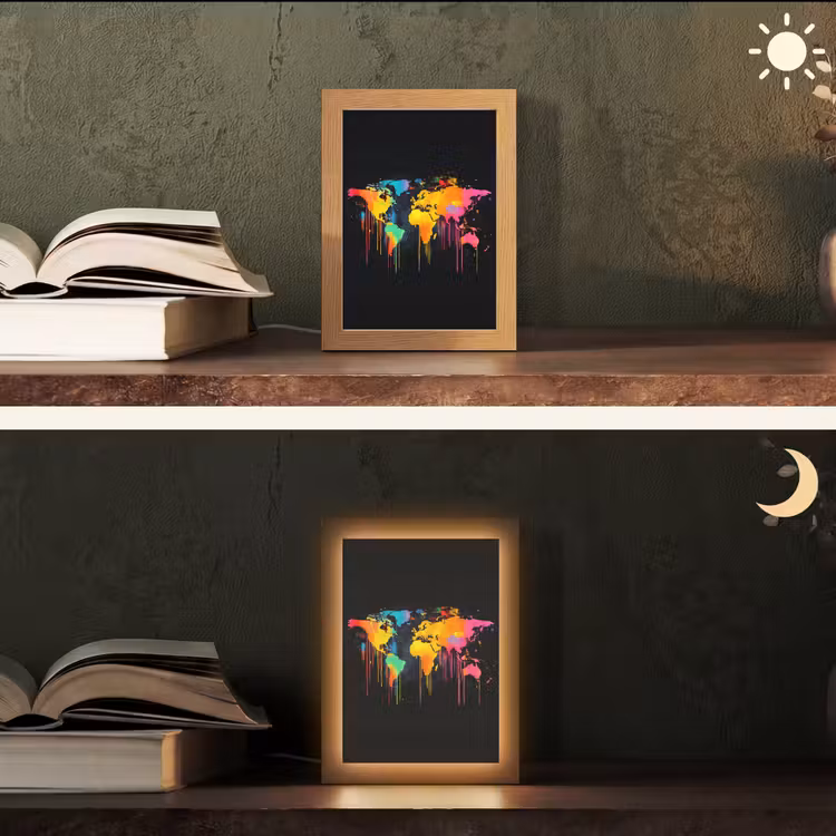 Wereldkaart - Verf - Kleurrijk - Graffiti - Wereld Light Box met kabel (Tafellamp) klein -sfeer3