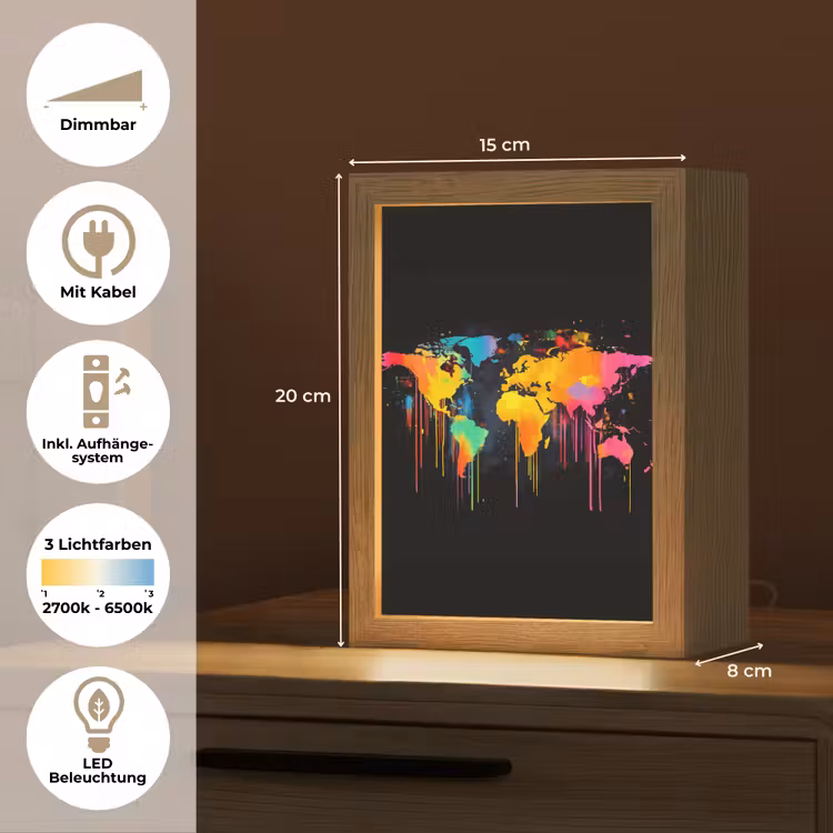 Wereldkaart - Verf - Kleurrijk - Graffiti - Wereld Light Box met kabel (Tafellamp) klein -USP_DE
