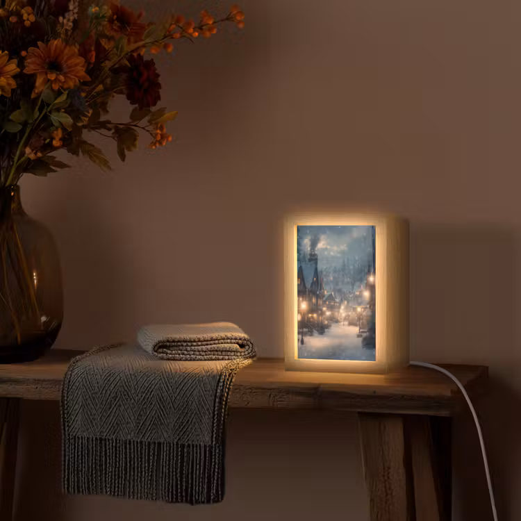 Winterdorp - Sneeuw - Donker Light Box met kabel (Tafellamp) klein -sfeer4