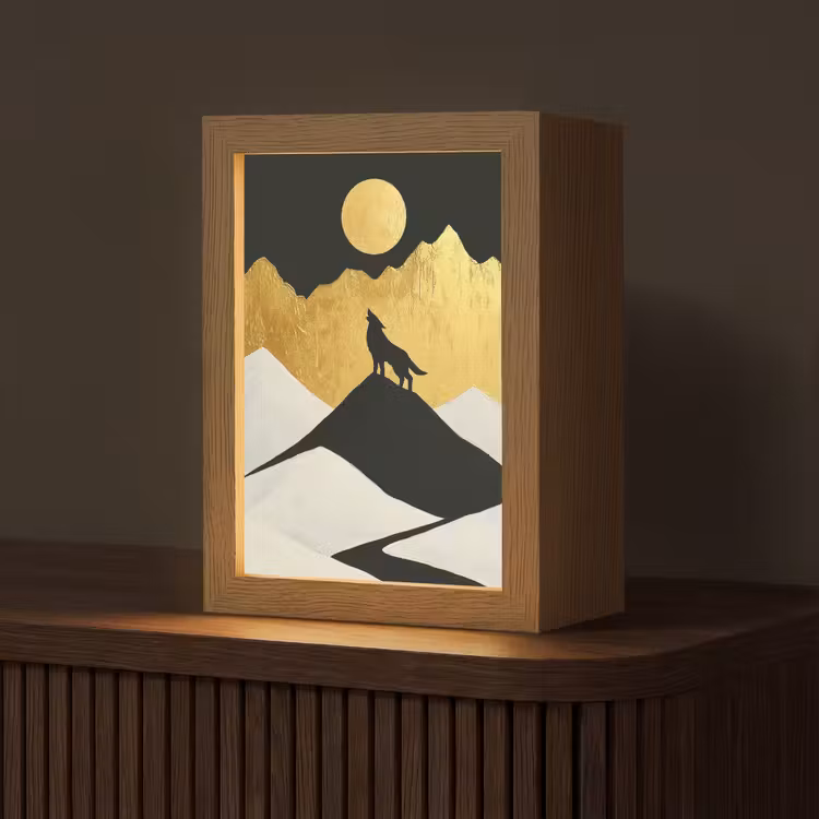 Wolf - Bergen - Maan - Zwart Light Box met kabel (Tafellamp) klein -z3d_website