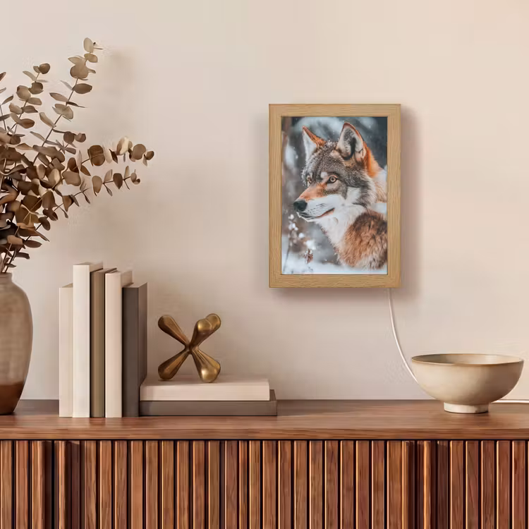 Wolf - Sneeuw - Winter - Dieren - Natuur - Sneeuw Light Box met kabel (Tafellamp) klein -sfeer2