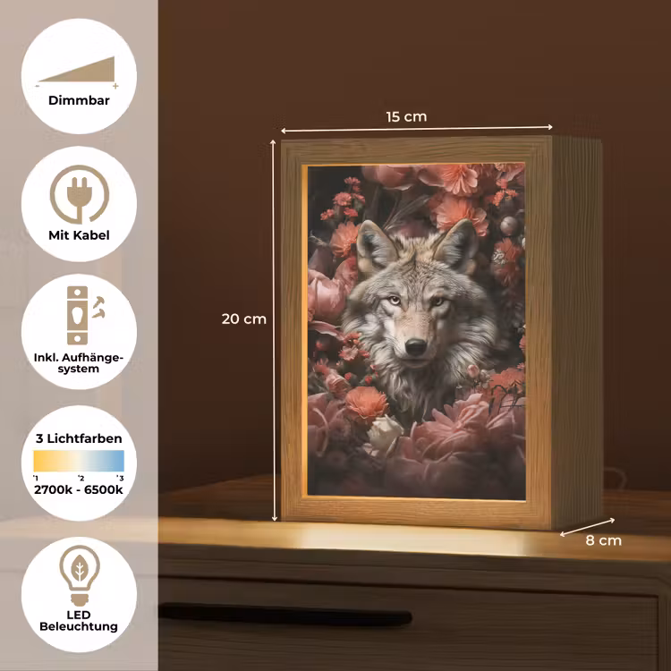 Wolf - Dier - Bloemen - Botanisch - Natuur - Fantasie Light Box met kabel (Tafellamp) klein -USP_DE