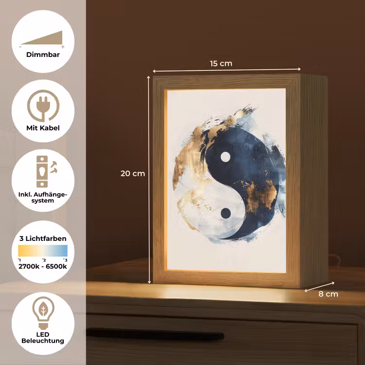 Yin Yang - Abstract - Zwart - Wit - Goud Light Box met kabel (Tafellamp) klein -USP_DE