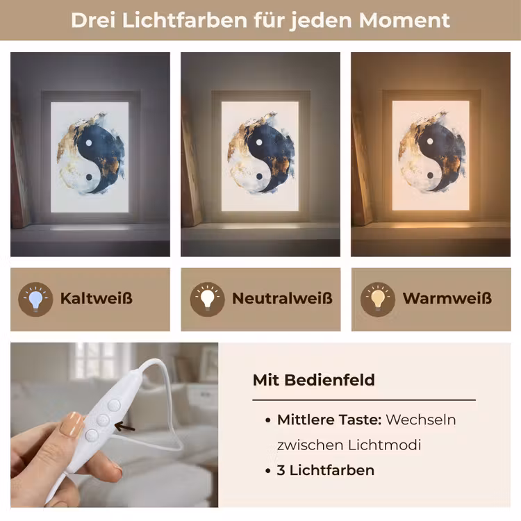 Yin Yang - Abstract - Zwart - Wit - Goud Light Box met kabel (Tafellamp) klein -USP_lichtkleurDE