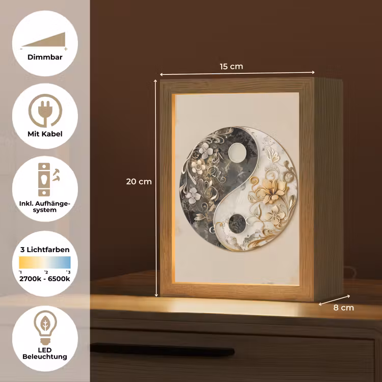 Yin Yang - Bloemen - Zwart - Wit - Vintage Light Box met kabel (Tafellamp) klein -USP_DE