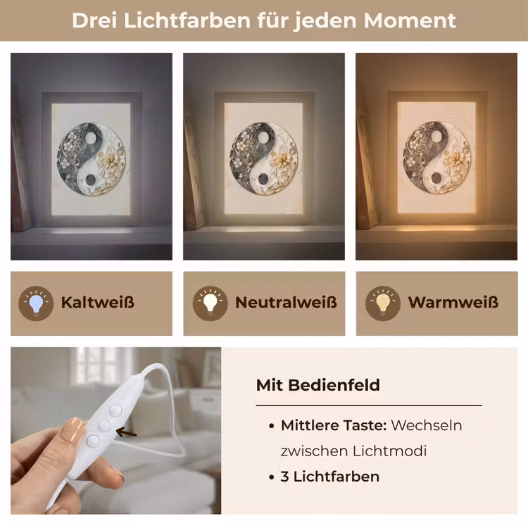 Yin Yang - Bloemen - Zwart - Wit - Vintage Light Box met kabel (Tafellamp) klein -USP_lichtkleurDE