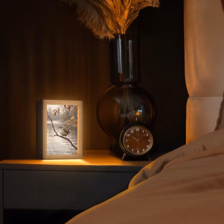 Winterkoninkje - Tak - Rivier - Natuur - Sfeervol Light Box met kabel (Tafellamp) klein -sfeer1