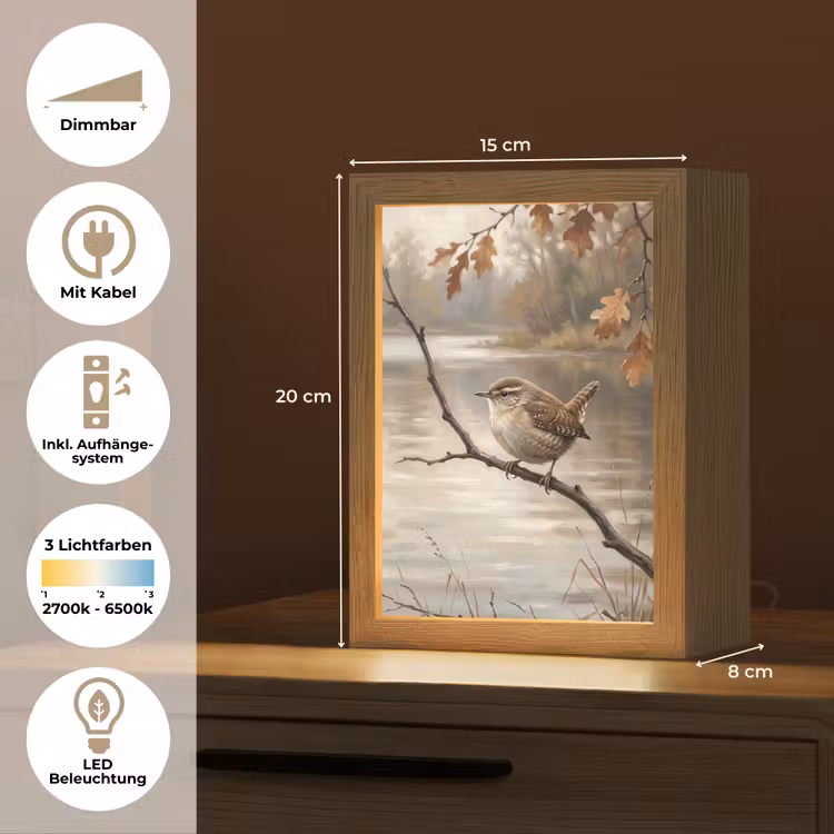 Winterkoninkje - Tak - Rivier - Natuur - Sfeervol Light Box met kabel (Tafellamp) klein -USP_DE