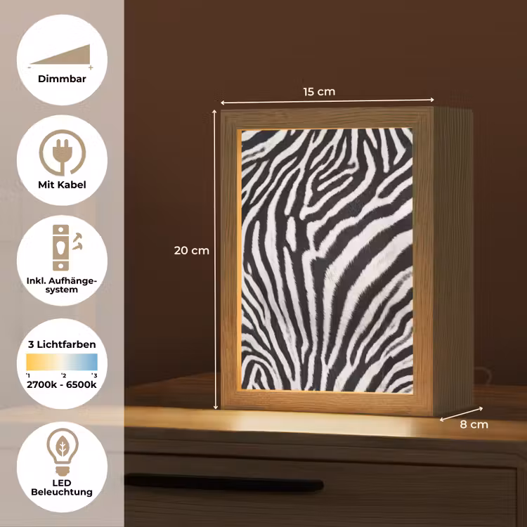Zebra - Vacht - Klassiek - Zwart - Wit Light Box met kabel (Tafellamp) klein -USP_DE
