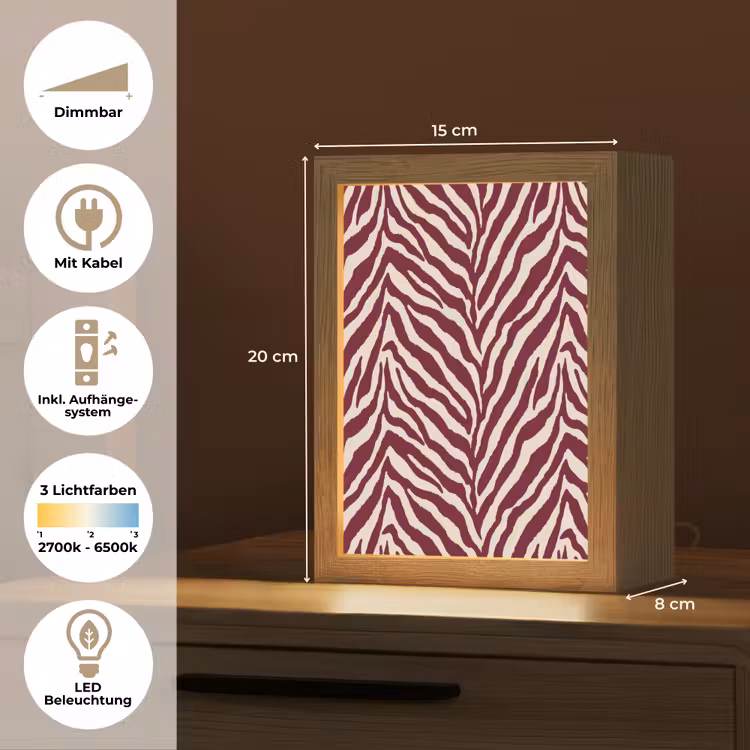 Zebra - Motief - Bordeaux - Rood Light Box met kabel (Tafellamp) klein 925 -USP_DE