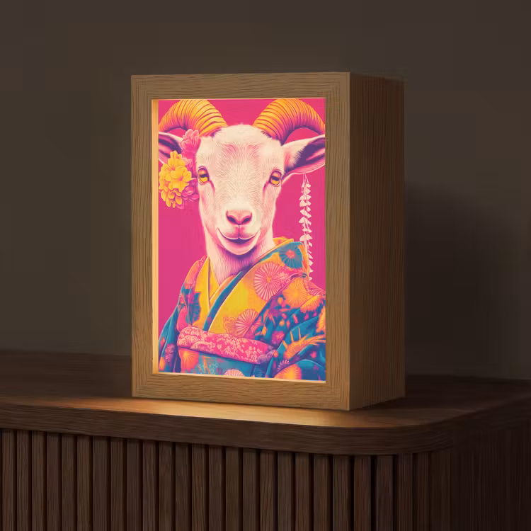 Geit - Hoorns - Kimono - Kleurrijk Light Box met kabel (Tafellamp) klein -z3d_website