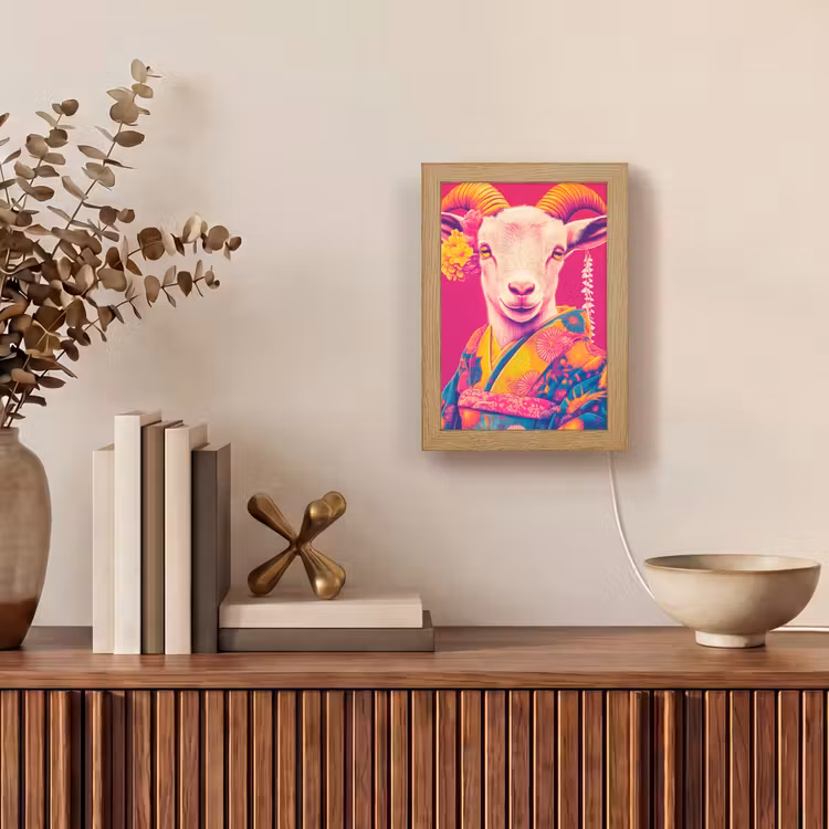 Geit - Hoorns - Kimono - Kleurrijk Light Box met kabel (Tafellamp) klein -sfeer2