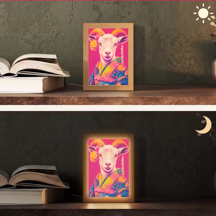 Geit - Hoorns - Kimono - Kleurrijk Light Box met kabel (Tafellamp) klein -sfeer3