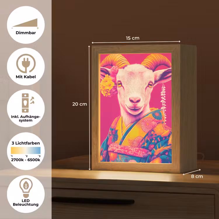 Geit - Hoorns - Kimono - Kleurrijk Light Box met kabel (Tafellamp) klein -USP_DE