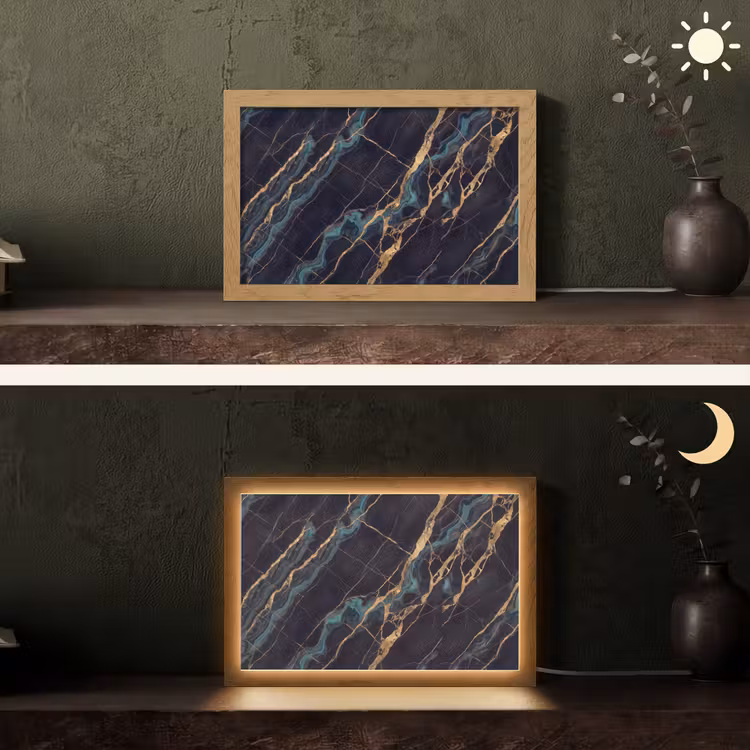 Abstract - Gouden lijnen - Kunst - Modern - Zwart Light Box met kabel (Tafellamp) klein -sfeer3