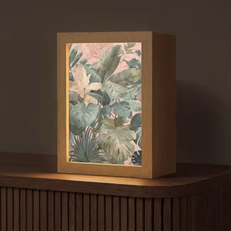 Compositie van bladeren - Groen - Roze Light Box met kabel (Tafellamp) klein -z3d_website