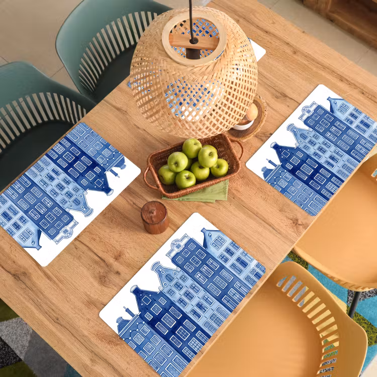 Aquarel - Grachtenpanden - Delfts - Blauw Placemat vinyl groot -zzsfeer5_Kitchenyeah-website