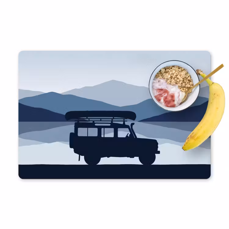 Auto - Meer - Bergen - Blauw Placemat vinyl groot -zzzproduct_Kitchenyeah-website