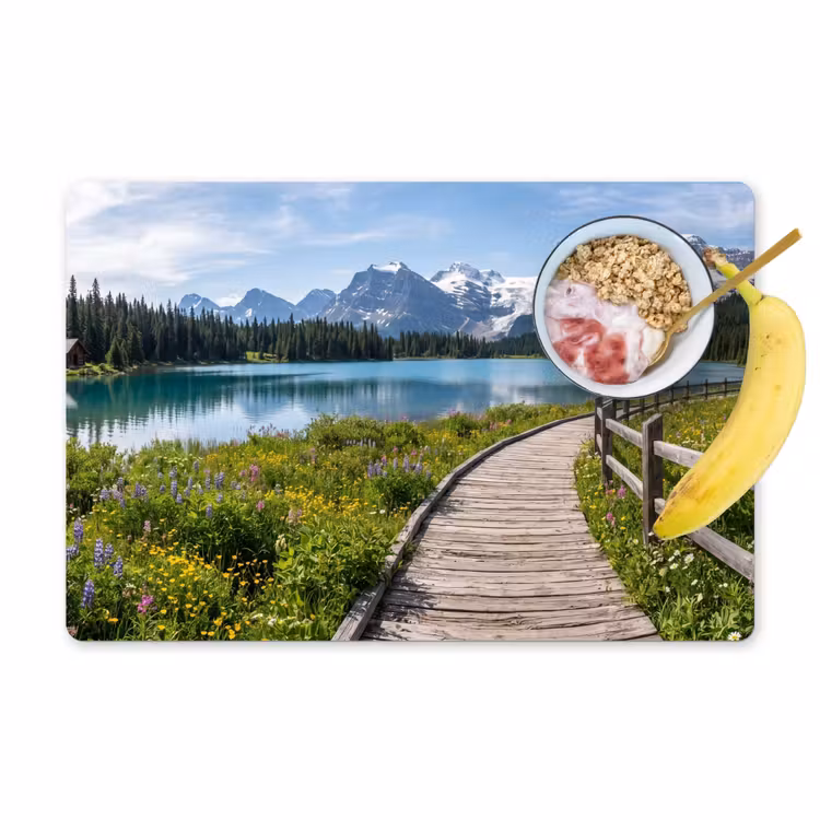 Bergen - Meer - Landschap - Blauw Placemat vinyl groot -zzzproduct_Kitchenyeah-website