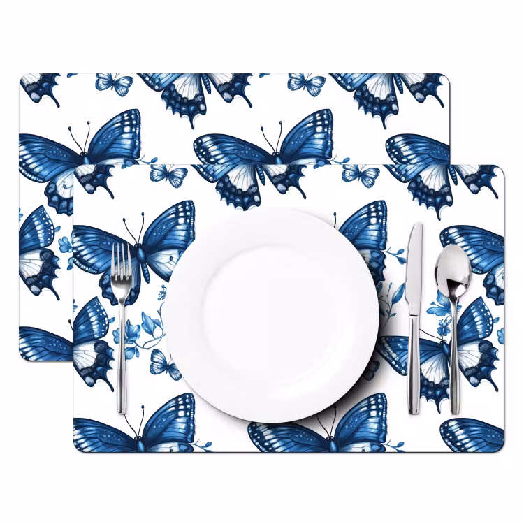 Blauw - Vlinders - Bloemen - Wit Placemat vinyl groot 368 -zzsfeer2_Kitchenyeah-website