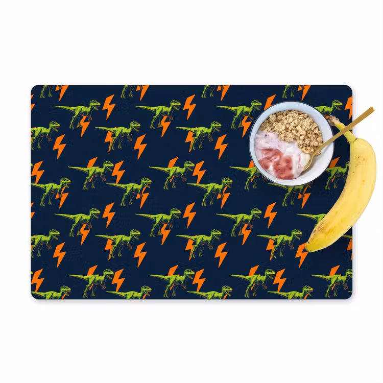 Bliksemschichten - Oranje - Dinosaurussen Placemat vinyl groot -zzzproduct_Kitchenyeah-website