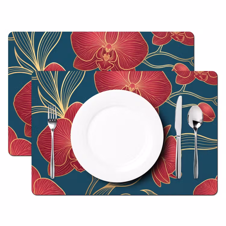 Tischset - 6 Stück - Blumen – Rot – Gold - Bloemen - Rood - Goud Placemat vinyl groot