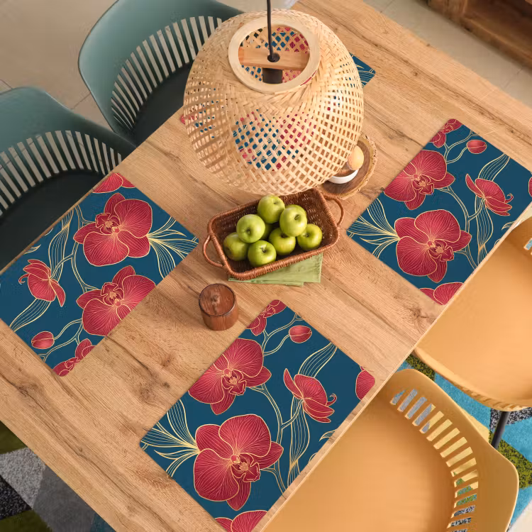 Tischset - 6 Stück - Blumen – Rot – Gold - Bloemen - Rood - Goud Placemat vinyl groot