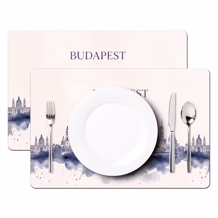 Boedapest - Skyline - Architectuur - Aquarel - Blauw Placemat vinyl groot -zzsfeer2_Kitchenyeah-website
