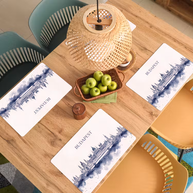 Boedapest - Skyline - Architectuur - Aquarel - Blauw Placemat vinyl groot -zzsfeer5_Kitchenyeah-website