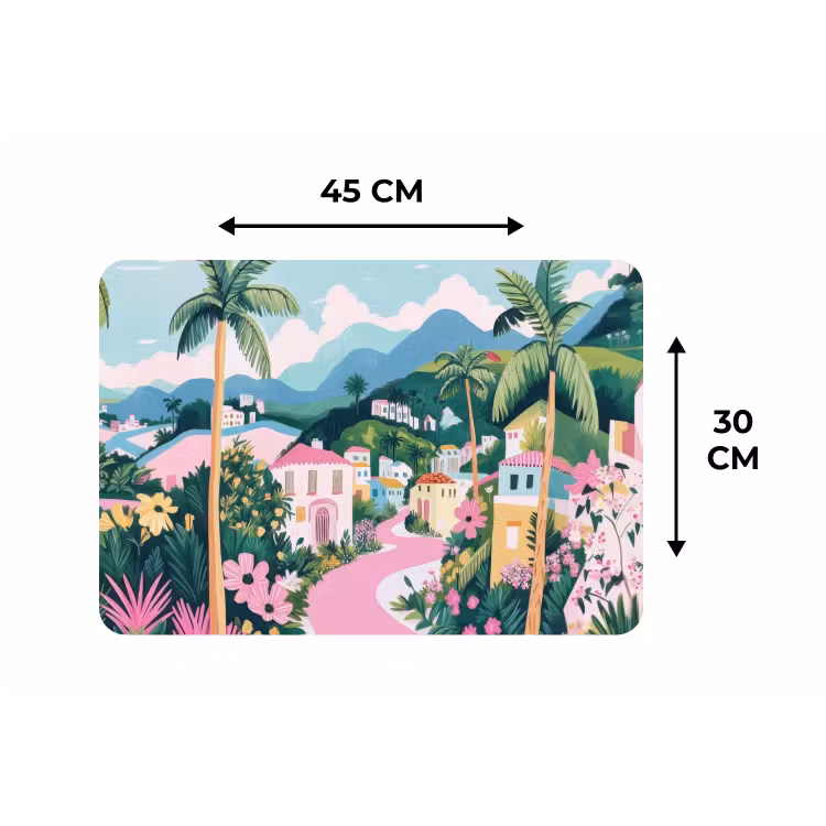Kleurrijk - Huizen - Heuvels - Roze Placemat vinyl groot -specs