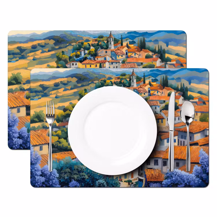 Dorp - Heuvels - Landschap - Bomen Placemat vinyl groot -zzsfeer2_Kitchenyeah-website