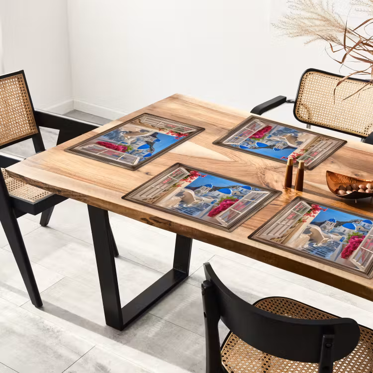 Doorkijk - Santorini - Landschap - Blauw - Grieks Placemat vinyl groot -zzsfeer4_Kitchenyeah-website