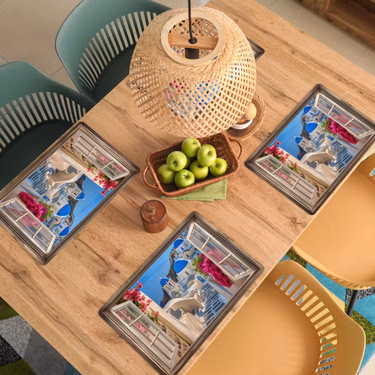 Doorkijk - Santorini - Landschap - Blauw - Grieks Placemat vinyl groot -zzsfeer5_Kitchenyeah-website