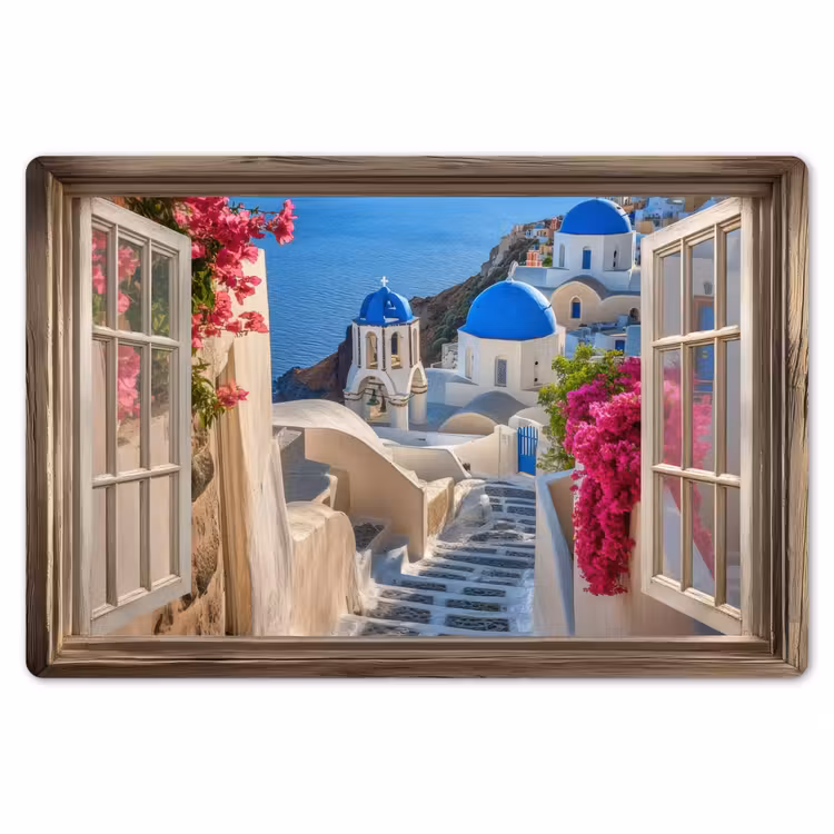 Doorkijk - Santorini - Landschap - Blauw - Grieks Placemat vinyl groot -zzsfeer1_Kitchenyeah-website