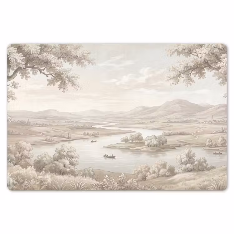 Rivierlandschap - Bergen - Natuur - Vintage - Beige Placemat vinyl groot -zzsfeer1_Kitchenyeah-website