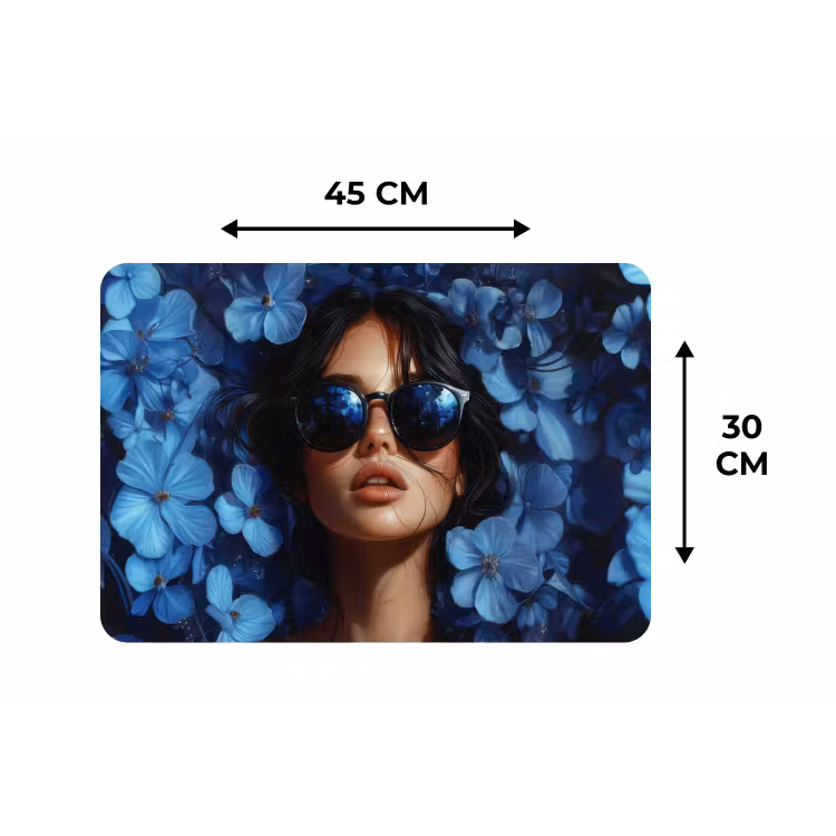Vrouw - Blauw - Bloemen - Vlinders - Natuur Placemat vinyl groot -specs