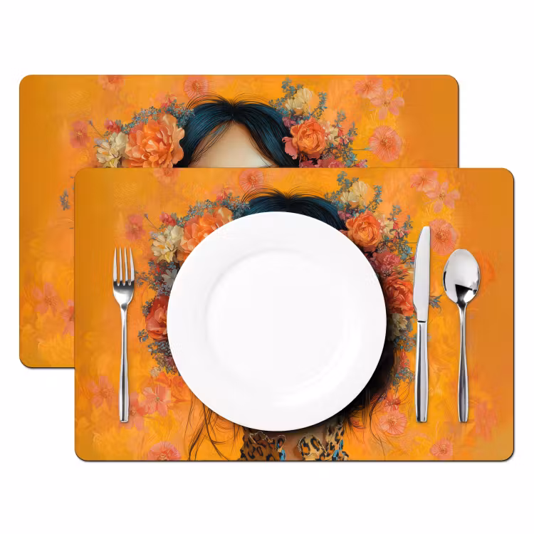 Vrouw - Bloemen - Aesthetic - Oranje Placemat vinyl groot -zzsfeer2_Kitchenyeah-website