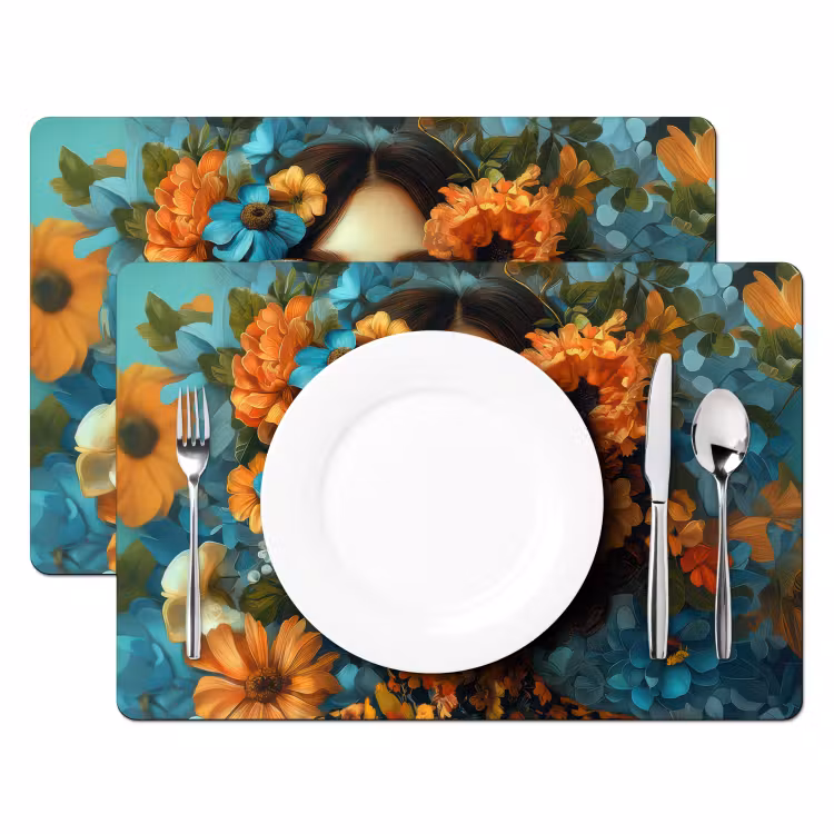 Vrouw - Bloemen - Oranje - Blauw - Modern Placemat vinyl groot -zzsfeer2_Kitchenyeah-website