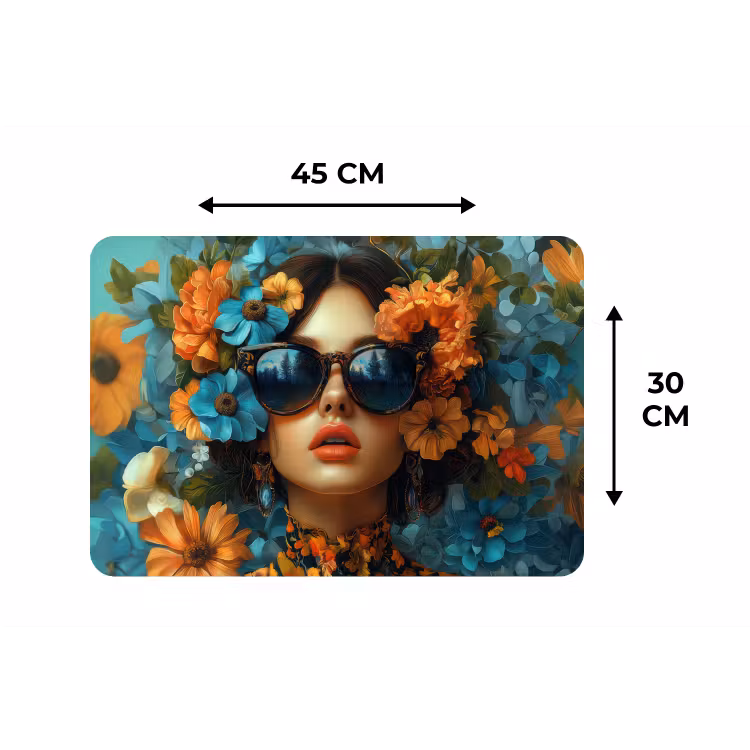 Vrouw - Bloemen - Oranje - Blauw - Modern Placemat vinyl groot -specs