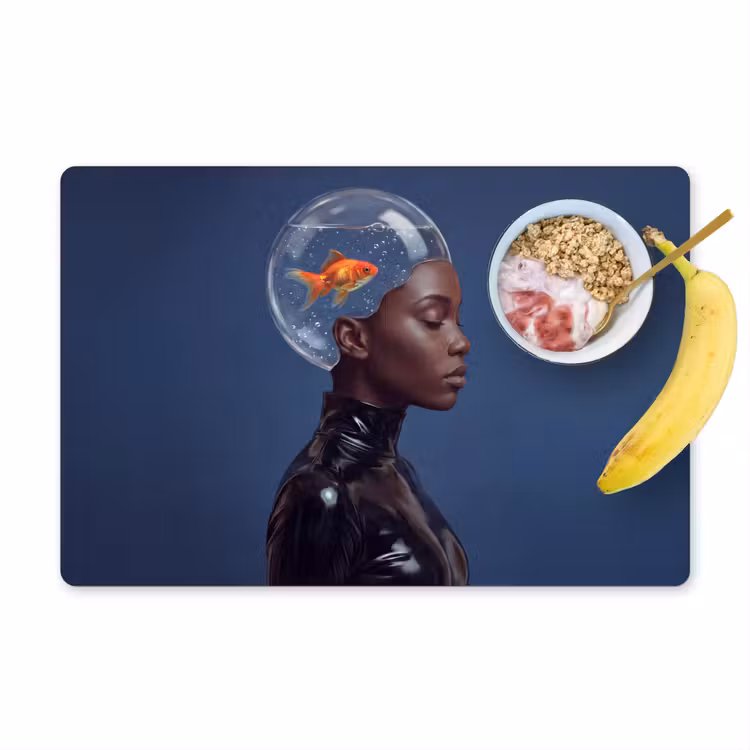 Vrouw - Goudvis - Hoofd - Abstract - Blauw Placemat vinyl groot -zzzproduct_Kitchenyeah-website