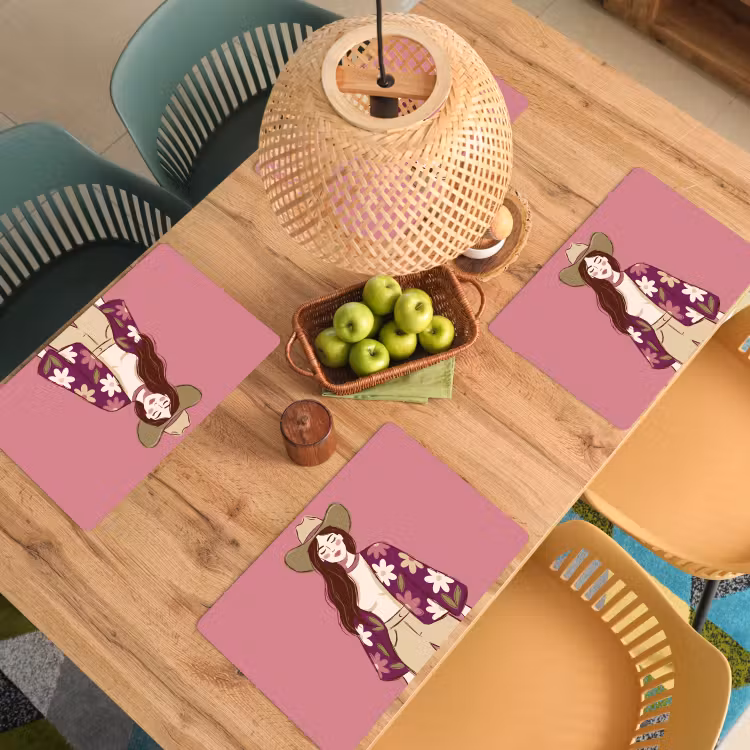 Vrouw - Hoed - Portret - Illustratie - Roze Placemat vinyl groot -zzsfeer5_Kitchenyeah-website