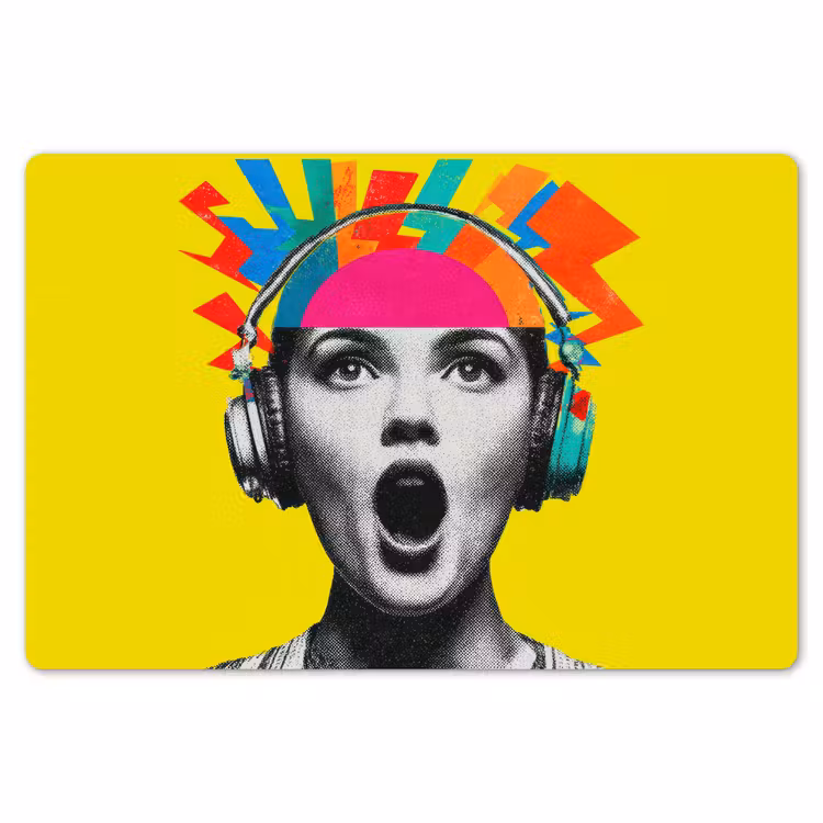 Vrouw - Koptelefoon - Geel Placemat vinyl groot -zzsfeer1_Kitchenyeah-website