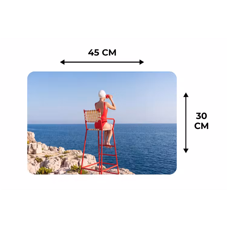 Vrouw - Zee - Kust - Verrekijker - Rood Placemat vinyl groot -specs