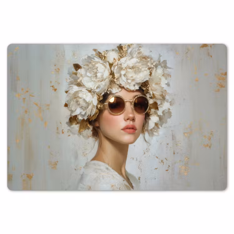 Schilderij - Vrouw - Zonnebril - Bloemenkrans Placemat vinyl groot -zzsfeer1_Kitchenyeah-website