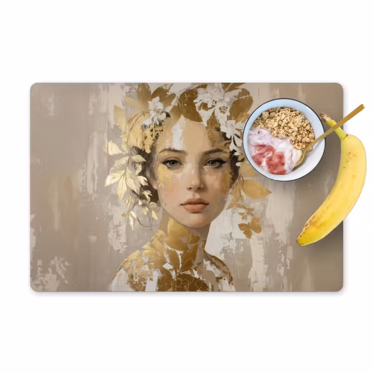 Gezicht - Vrouw - Bladeren - Goud Placemat vinyl groot -zzzproduct_Kitchenyeah-website